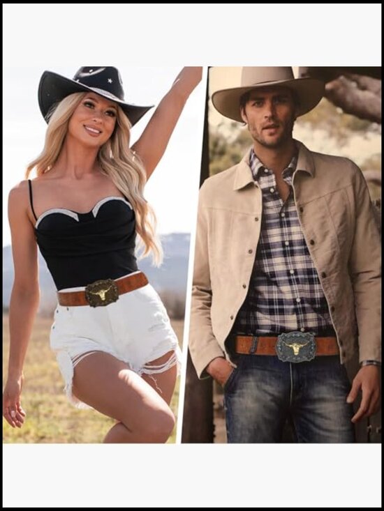 2-Pack Western Cowboy Belts PU Leather Gold Silver Buckle 28-41 Inch main image 2